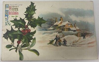 A Happy Merry Christmas Postcard Winter Scene and Holly