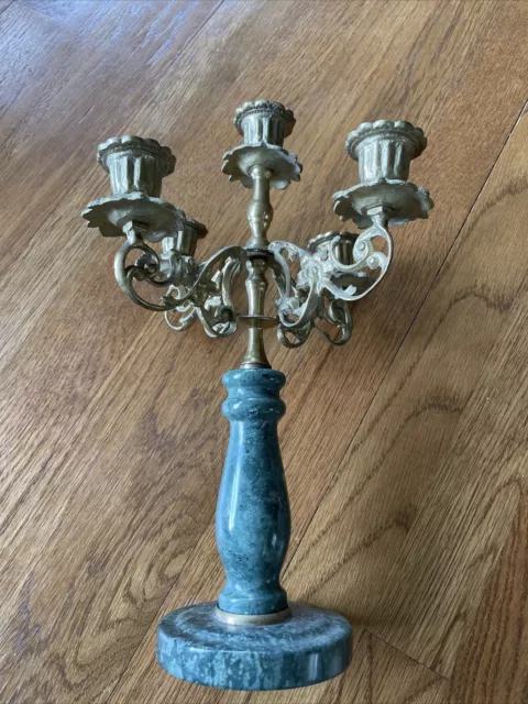 VINTAGE BRASS TONE Green Marble 4 ARM METAL 5  CANDLE HOLDER CANDELABRA 12” Tall