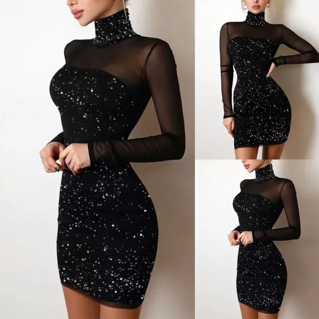 Womens Glitter Party Club Mini Dress Ladies Mesh Long Sleeve Bodycon Dresses US