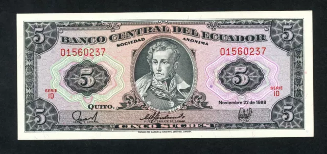 ECUADOR  5 SUCRES 1988 ID  PICK # 113d UNC.