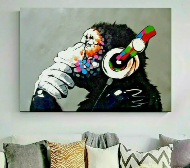 Banksy DJ Monkey with headphones Printed Canvas Wall Art wrapped wood Frame