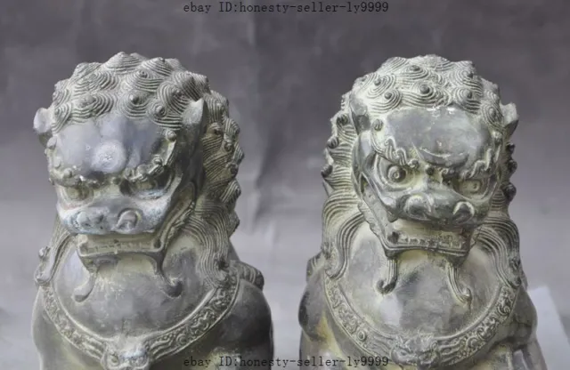 8" chinese bronze fengshui Ward off evil foo dog lion Guardian beast statue pair 2
