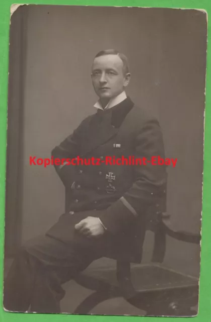 org. Foto: 1.WK Portrait Offizier Leutnant Kaiserl.-Marine Orden EK1 U-Boot-Abz.