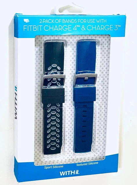 WITHit 2 Pack Fitbit Charge 3 + 4 Bands/Straps Black Gray & Blue Silicone - New