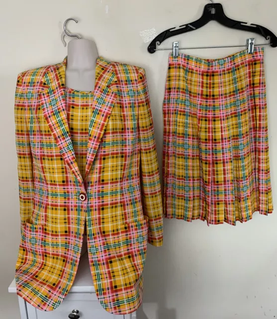 Vtg Emanuel Ungaro Parallele Silk Yellow Green Orange Plaid Skirt Suit Set Sz 4