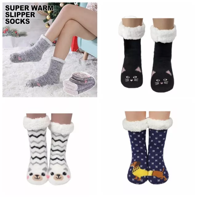 Womens Super Soft Cute Cartoon Animal fuzzy Cozy Non-Slip Winter Slipper Socks