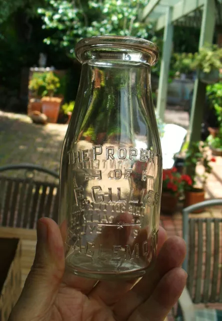 VINTAGE CLEAR GLASS F. GILLIES EAGLEMONT 10 OZ MILK BOTTLE 1950's