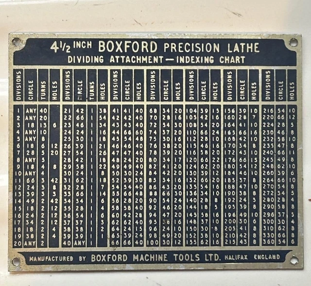 LATHE DIVIDING ATTACHMENT - Indexing Chart - Lathe Chart - 4 1/2 in £19 ...
