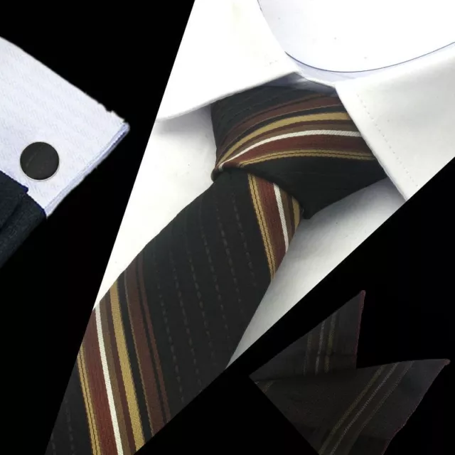 Mens Classic Brown White Stripe Silk Tie Handkerchief Hanky Cufflinks GIFT SET