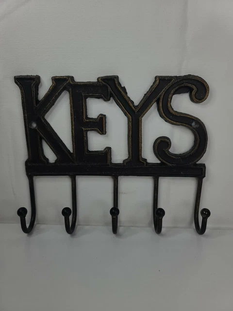 Vintage Cast Iron Wall Mount Key Holder with 5 Metal Hooks "KEYS" Mounting Screw