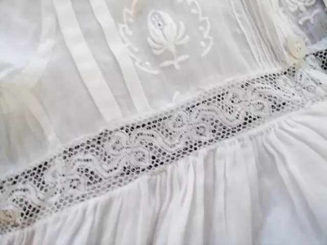 Antique Child's Dress Fine Cotton Lawn Net & Crochet Lace, Embroidered Bodice...
