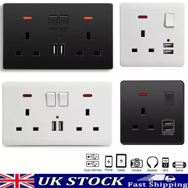 Double Wall Plug Socket 2 Gang 13A w/ 2 Charger USB Ports Outlets Flat Plate UK