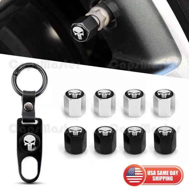 Universal Car Wheels Tire Valve Dust Stem Air Cap + Keychain Skull Punisher Logo