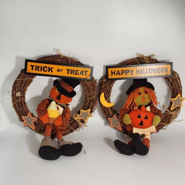 Set of 2 Spooky Orange Black Scarecrow & Witch Halloween Door Welcome Wreath