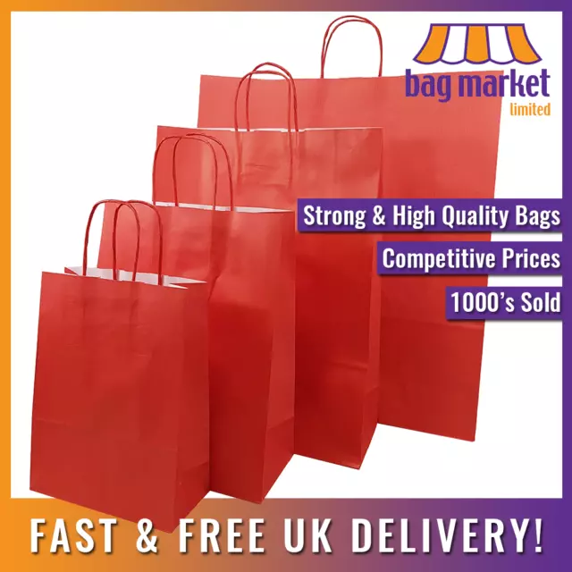 Red Paper Carrier Bags - Twist Handles - Ribbed - 100gsm - Gift, Party, Strong