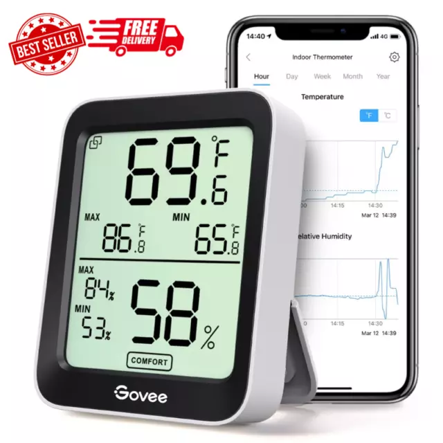 Govee Hygrometer Thermometer H5075, Bluetooth Indoor Room Temperature Black
