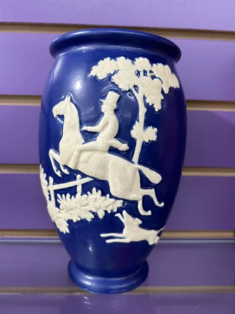 WELLER COBALT BLUE 7.5” CHASE DESIGN FOX HUNT SCENE WELLER POTTERY VASE 1920s