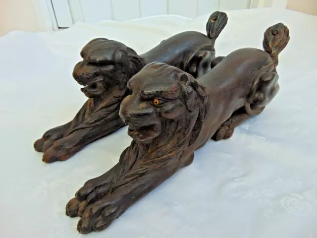 Pair Antique French 18th / early 19th C Wood Carved Oak Lion Couchant figures