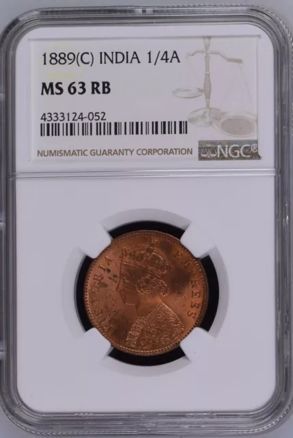 1889C Queen Victoria British India 1/4 Anna - NGC Graded MS 63 RB