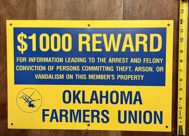 Vintage OKLAHOMA FARMERS UNION $1000 Reward Sign Farm Seed Feed Ad Tin Metal old 2