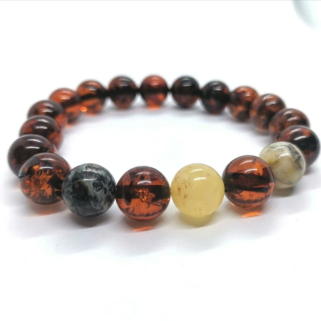 Pulsera de ámbar Cuentas de ámbar báltico natural Coñac blanco Estiramiento...