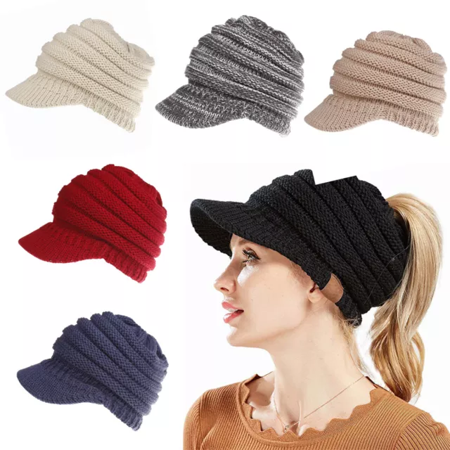 Womens Ladies Stretch Knit Hat Bun Ponytail Beanie Winter Warm Knitted Hole Cap