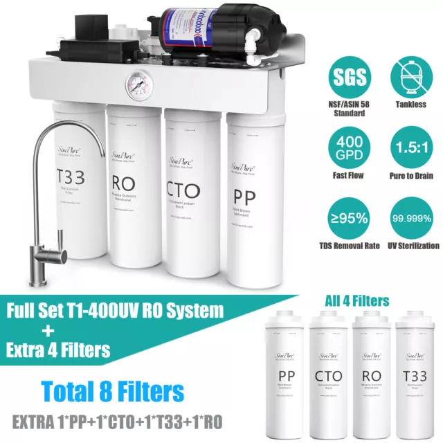 SimPure T1-400GPD 8 Stage UV Tankless Reverse Osmosis System+8 Water Filters NSF