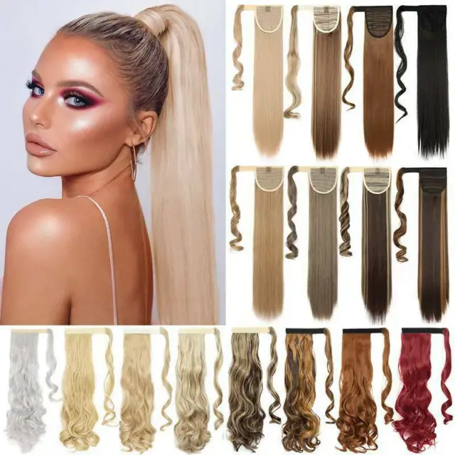 22' 26'  Clip In Ponytail Pony Tail Hair Extension Pieces wavy Straight wrap on