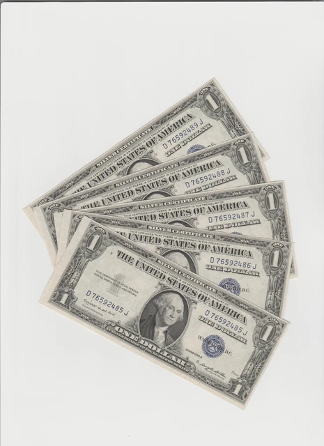 (5) Consecutive 1935-G $1 One Dollar Silver Certificates Uncirculated(With  Moto