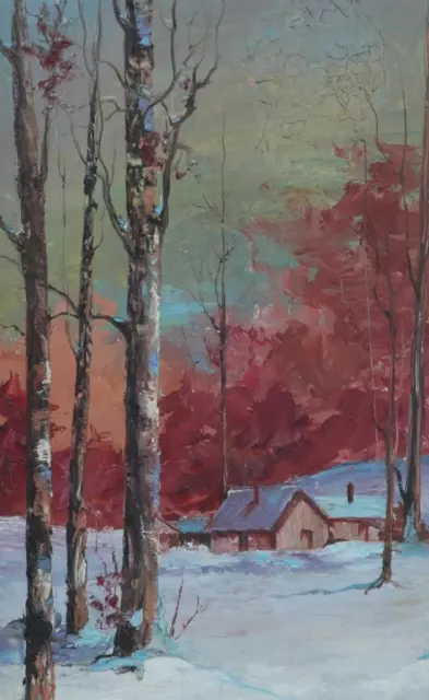 Beautiful 1965 Oil on Masonite of a Winter Farmhouse Scene Signed M. Robe