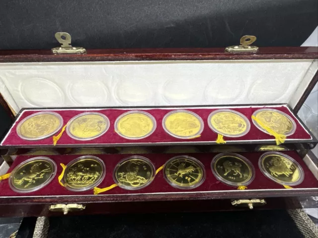 China Shenyang Mint Official Zodiac Medal 12Pcs Set / Gold Gilded, 1981 - 1992