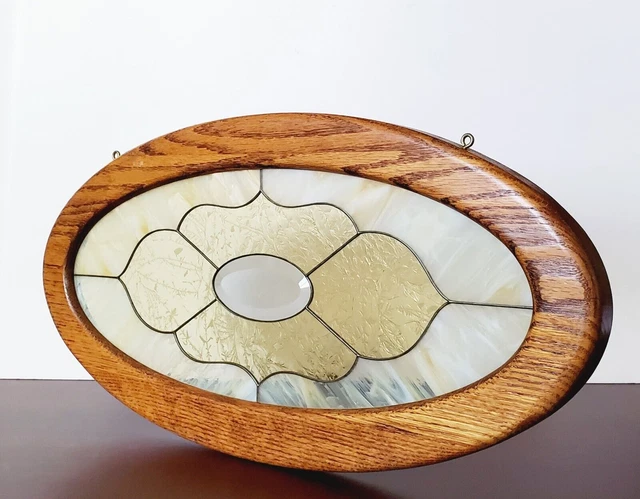 Vintage Oval Stained Leaded Window Hanging Panel Wood Framed