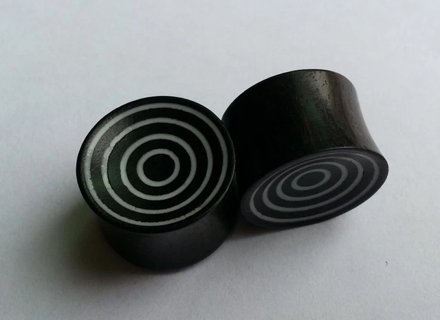 Pair ORGANIC Circles Target Crushed Bone Inlay Areng Wood Saddle Ear Plugs Gauge