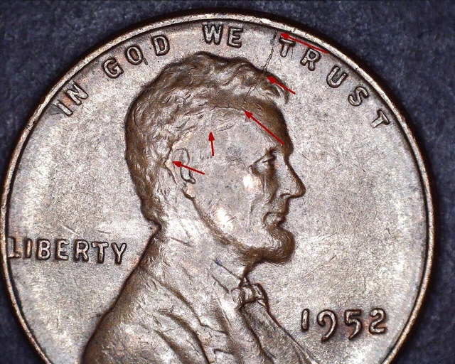 1952 P Lincoln Wheat Penny - Obverse " Long " ( Spike Head ) Die Crack Error