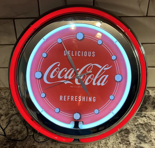 Coca-Cola Chrome Double Ring Light Clock, 14" Delicious & Refreshing Neon Clock