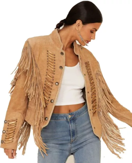 Women's American Native Light Brown Suede Leather Jacket Fringed & Bone Style