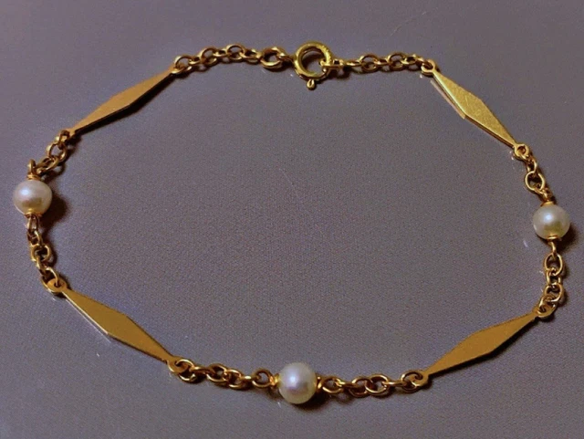Bracelet Ancien En Or Jaune 18 Carats Avec Perles De Culture Et Tête D'aigle - Bijou Vintage Occasion Style Perlé