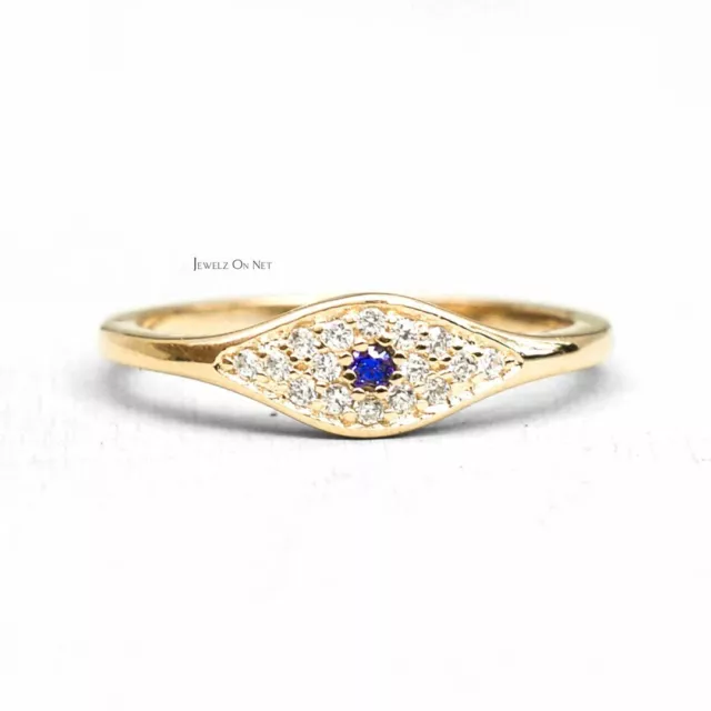 14K Gold Natural Diamond- Blue Sapphire September Birthstone Evil Eye Fine Ring