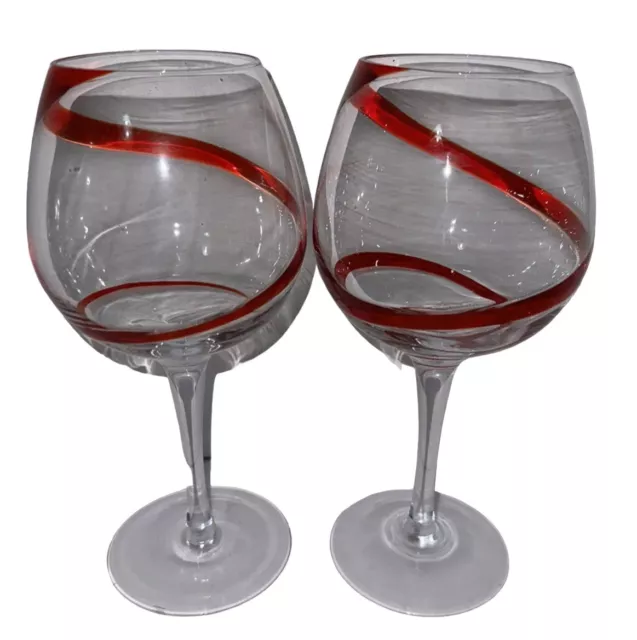 PIER 1 Swirline Red Ribbon Balloon Swirl Wine Glasses Goblet Hand Blown RARE EUC