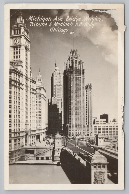 Real Photo Postcard~Chicago IL~Michigan Ave Bridge~Wrigley~Tribune~Medinah~RPPC