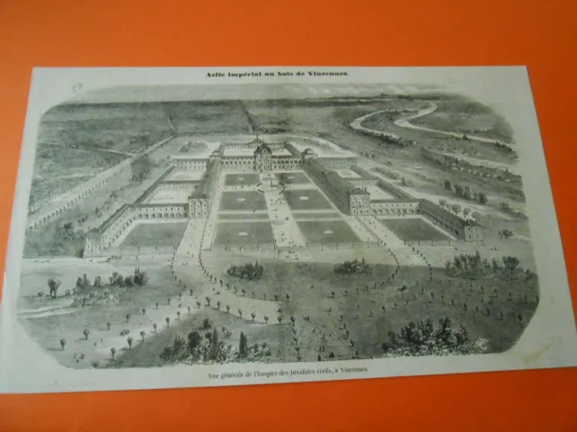 Gravure 1857 - Vue générale de l'Hospice des Invalides civile à Vincennes