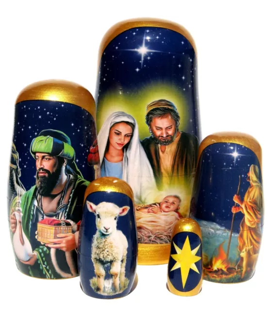 Nativity 5 PC Russian Style Nesting Dolls, Stacking Toy Jesus Nativity Egg Set 3