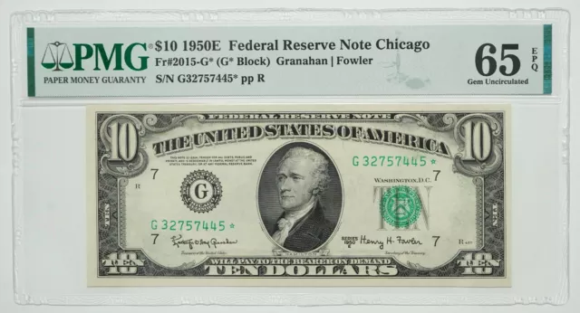 1950 E Series $10 Ten Dollar FRN Fr #2015-G* Granahan/Fowler PMG Gem UNC 65 EPQ