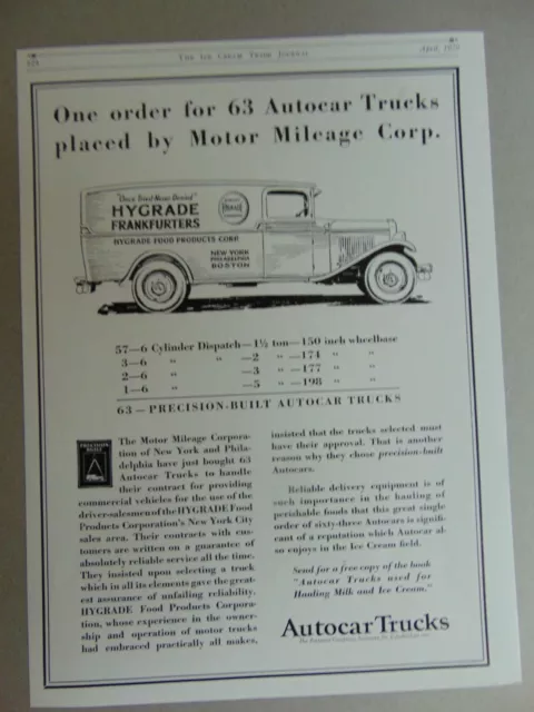 1929 AUTOCAR TRUCKS Delivery HYGRADE FRANKFURTERS vintage art print ad