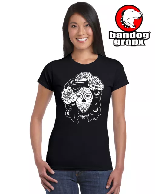 Sugar Skull T-Shirt - Donna Maglietta Nera - Tattoo - Teschio - Fiori - Flowers