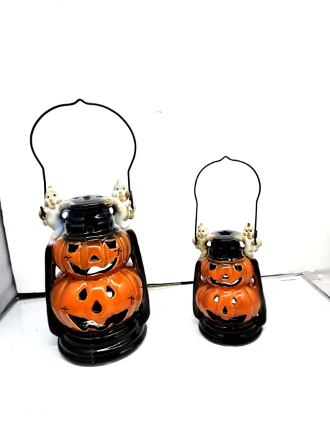 2 Ceramic Lantern W/Ghosts & Jack O' Lanterns Metal Handle Candle Holder