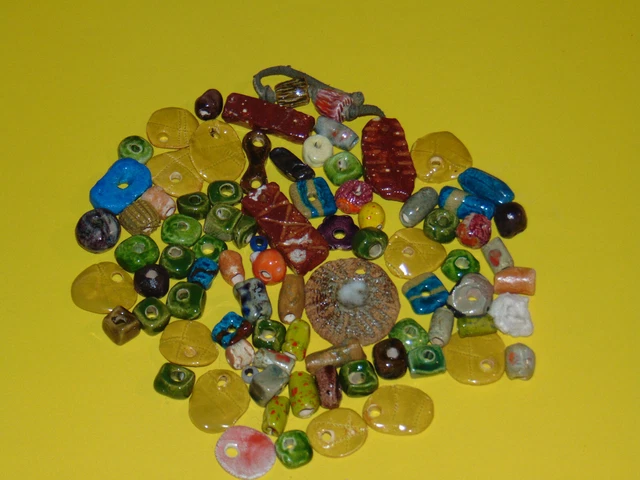 Vintage 70's Glazed Ceramic Bead Variety Bundle Lot of 80+ Chunky Macrame Beads
