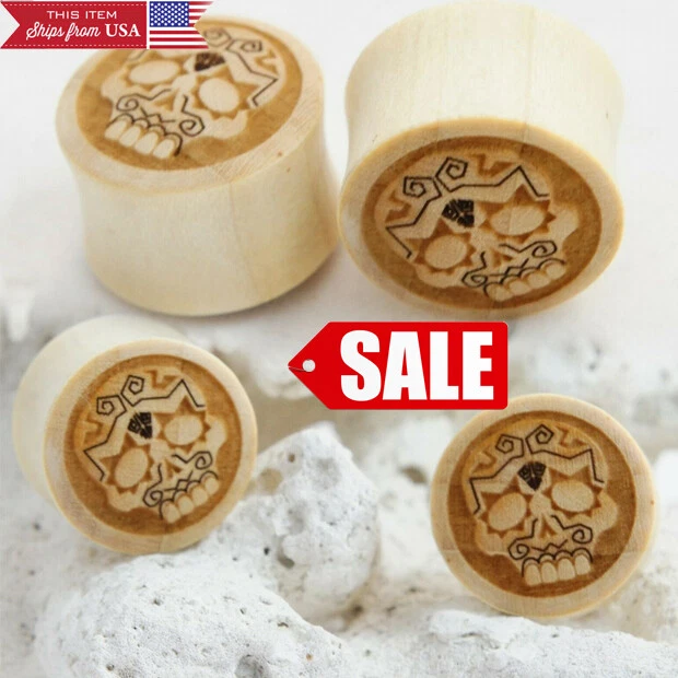 PAIR Crocodile Wood Sugar Skull Organic Handcarved Flared Ear Plugs Gauges 0G-1"