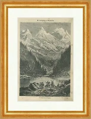 Die Felsengebirge am Bogensee Nordamerika Indianer Holzstich E 24188 Gerahmt