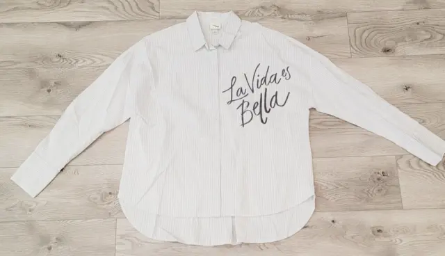 A New Day Womens Small Button Front Shirt  "La Vida Es Bella" Gray White Stripe
